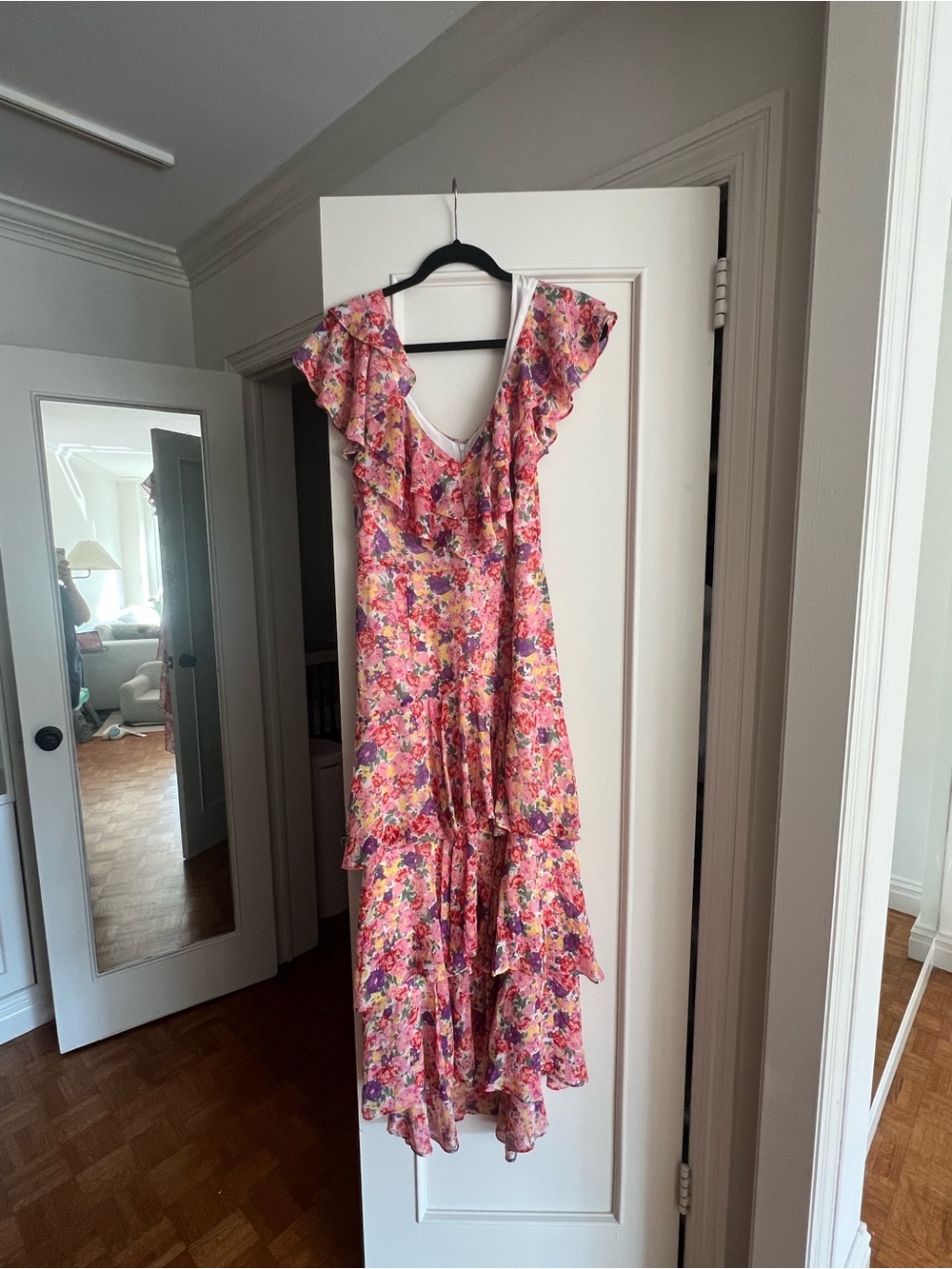 Wayf Pink Floral Ruffle Maxi Dress